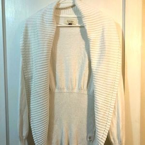 White shawl, open front sweater